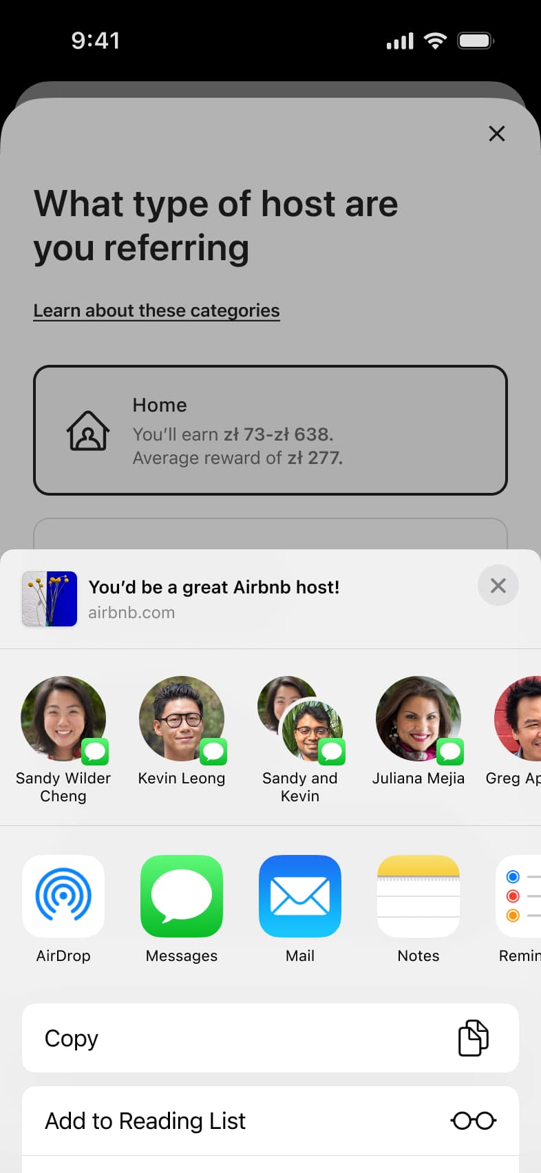 Share sheet for a host referral link.