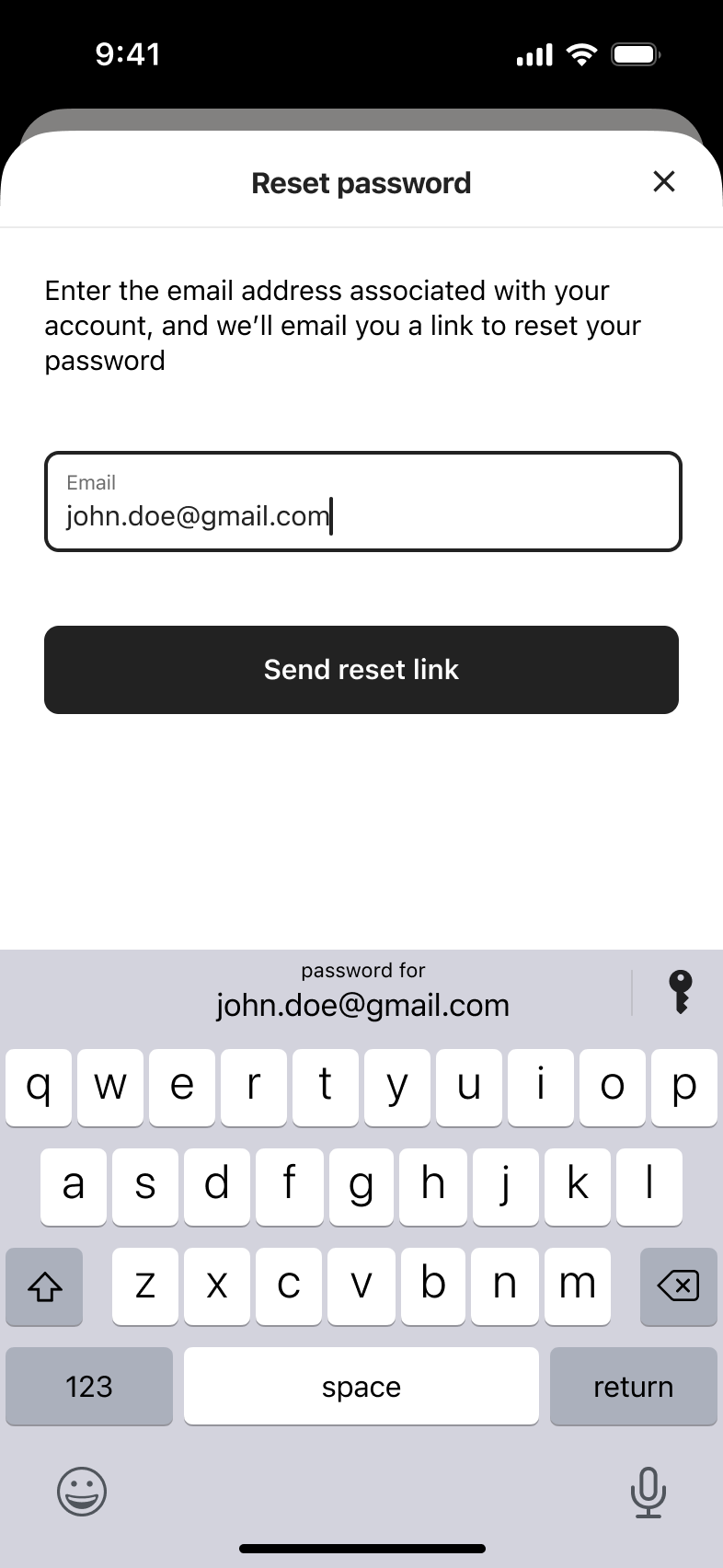 Reset password email typed with keyboard open and send reset link enabled.