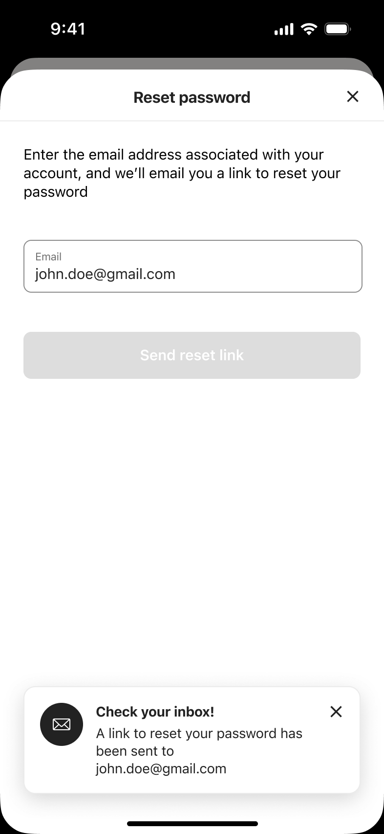 Reset link sent; toast confirms the user should check their inbox.