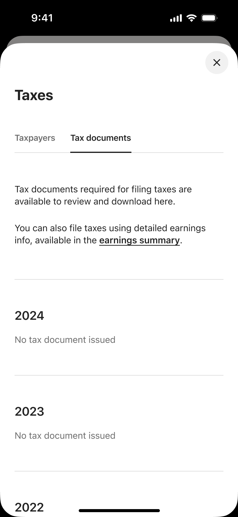 Tax documents tab with yearly sections and no documents issued.