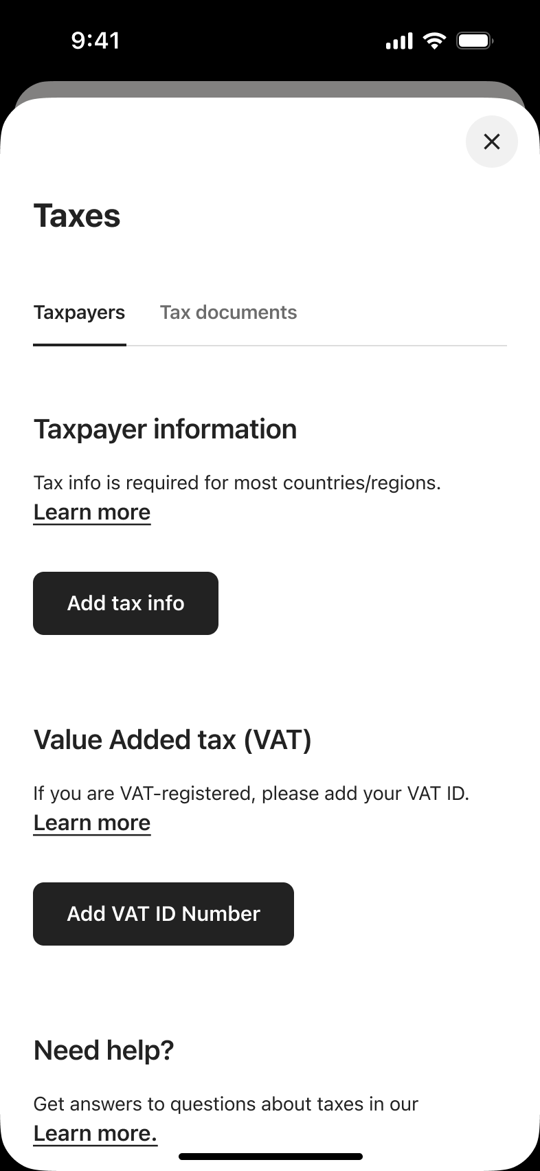 Taxes: taxpayer information and VAT sections with add buttons.