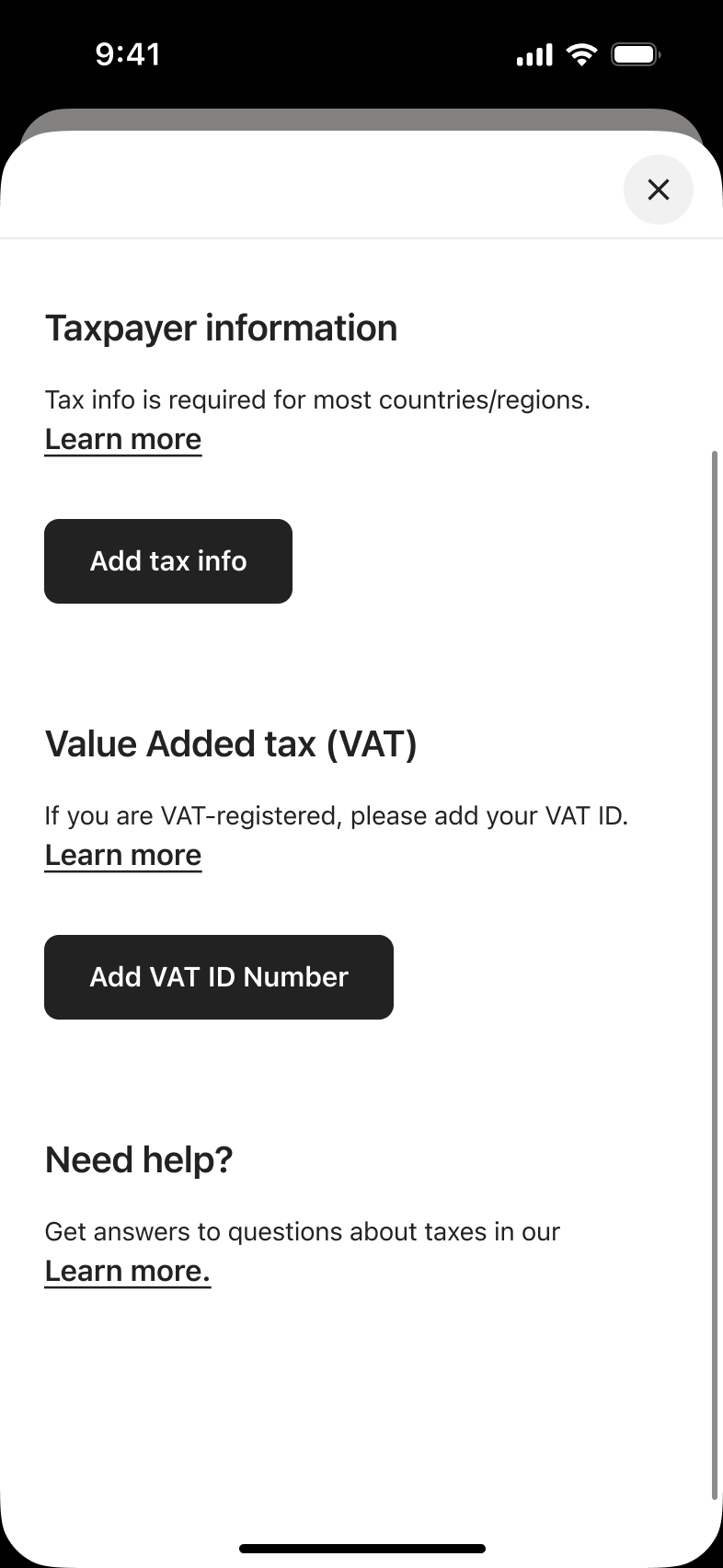 Taxes page scrolled to VAT and need help sections.