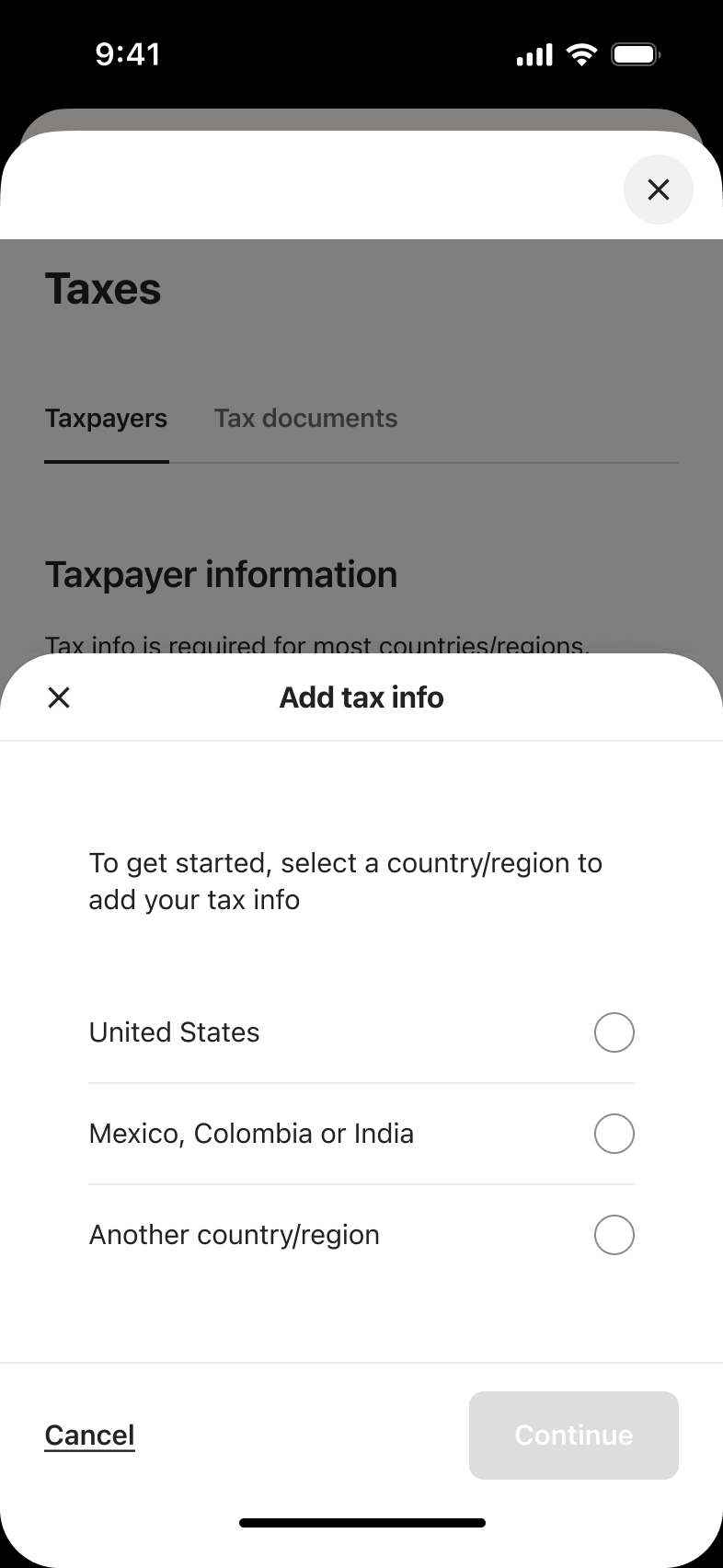 Add tax info dialog asking for country or region.