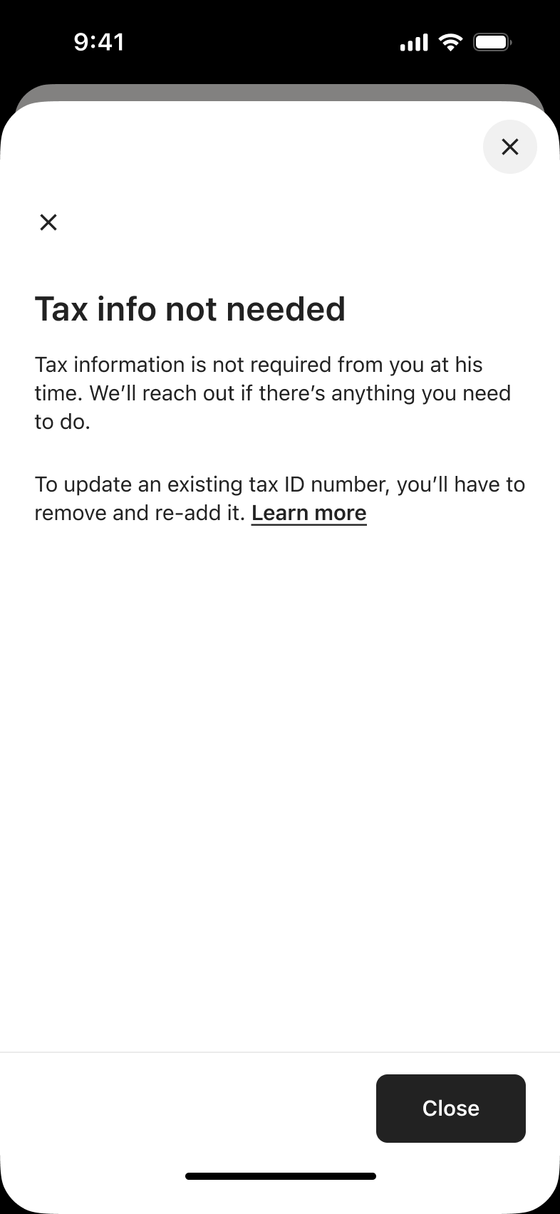 Tax info not needed for the user's region, with close button.