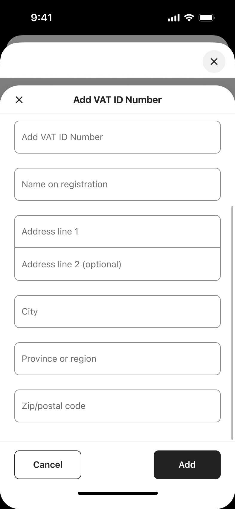 Add VAT ID form scrolled through address fields.