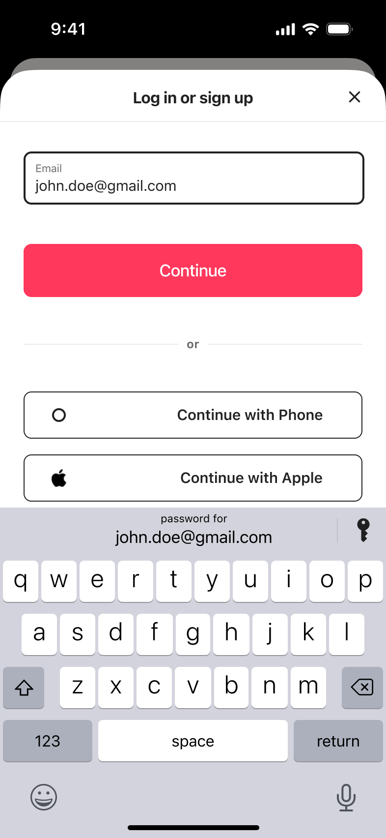 Email address typed with keyboard open, continue button enabled.