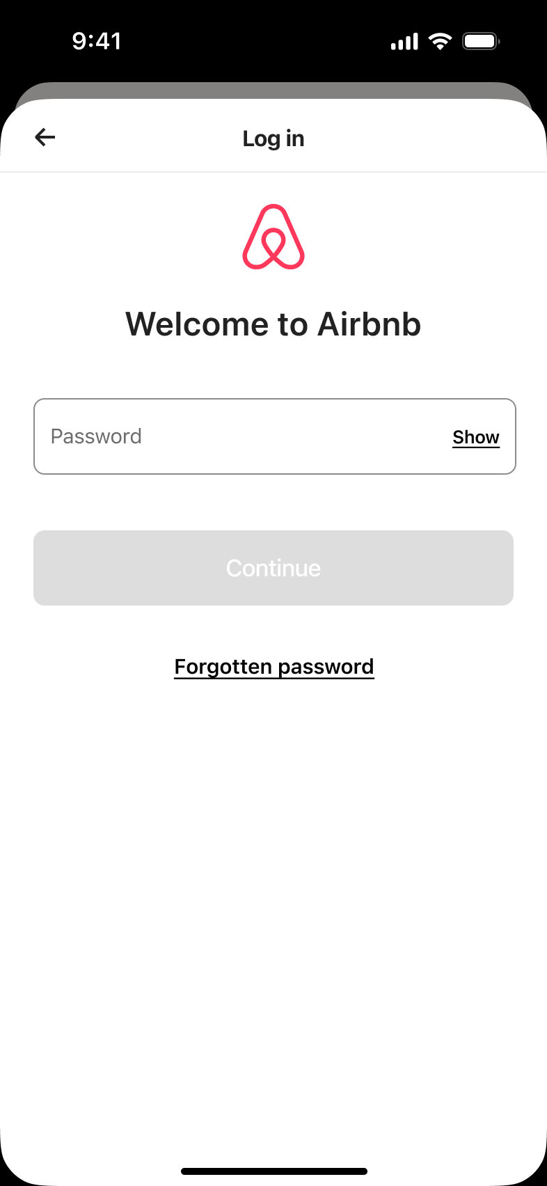 Welcome back log-in screen asking for password, with show toggle and forgotten password link.
