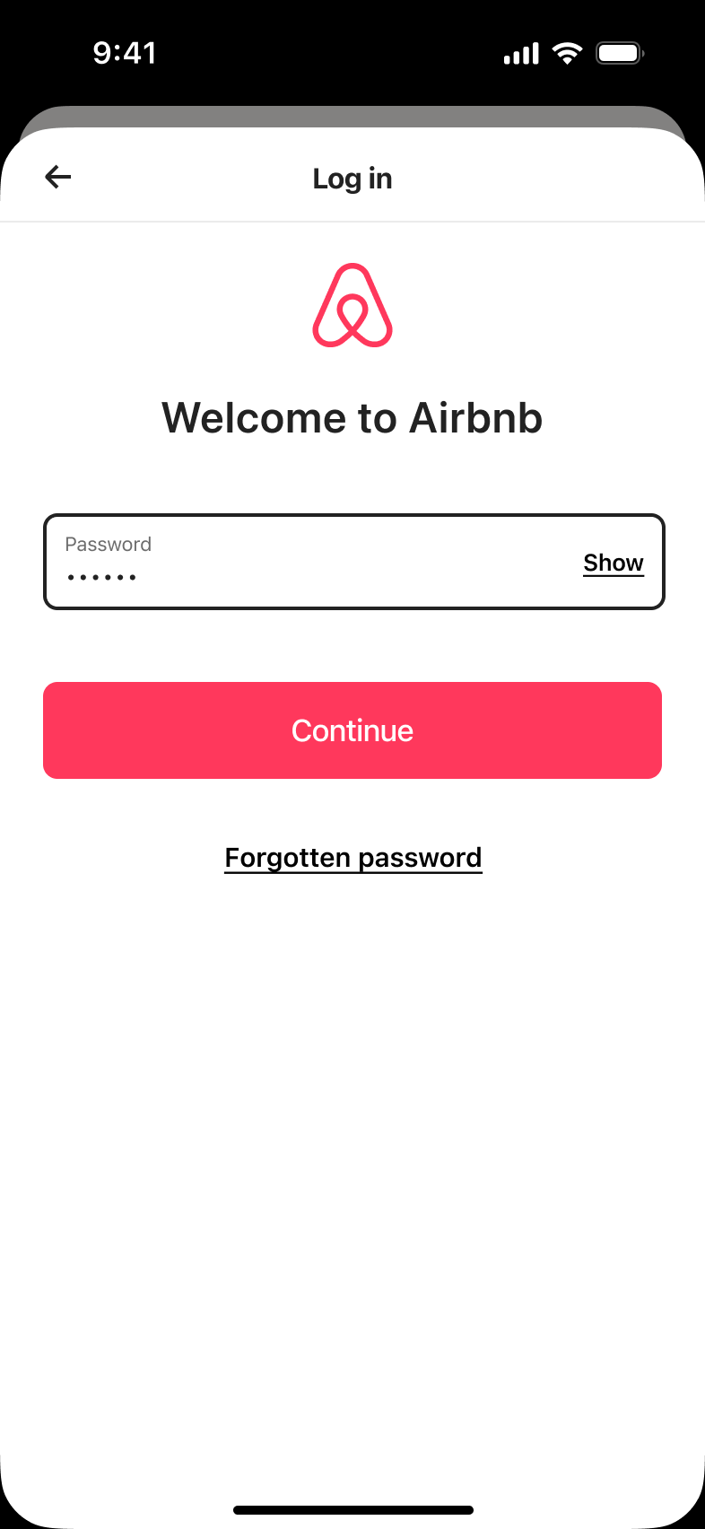 Log-in password entered, continue button enabled.