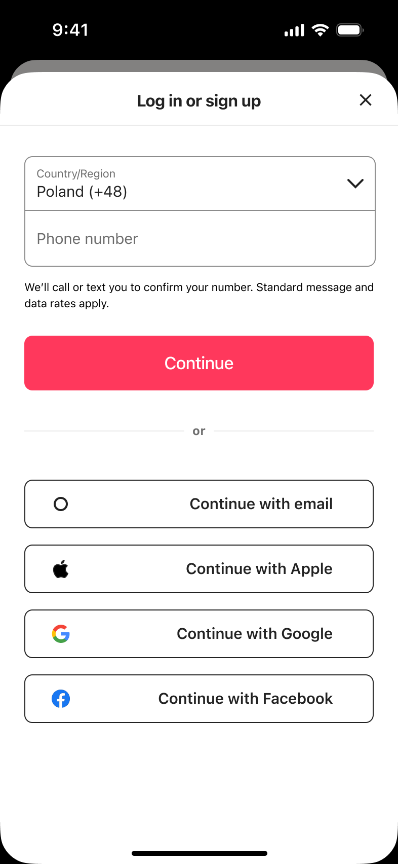 Log in or sign up with phone number: country picker, phone field, continue button and email, Apple, Google and Facebook options.
