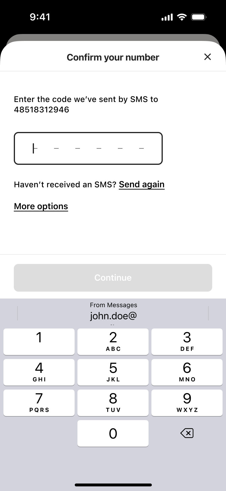 Confirm your number: enter SMS code, resend link and more options, with numeric keypad.