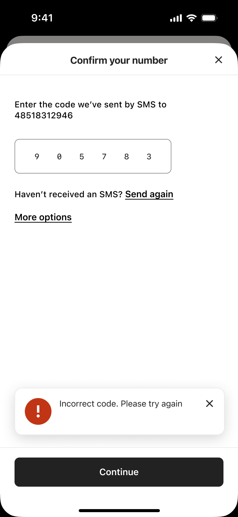 Incorrect verification code entered; error toast asks the user to try again.