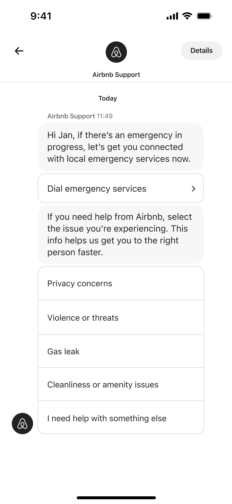 Support chat thread with automated emergency message and topic options.