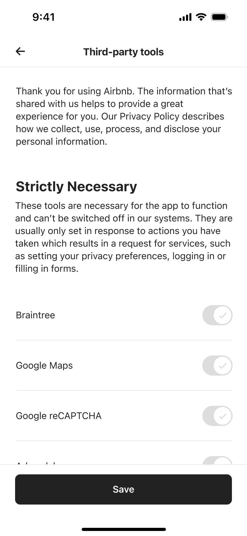 Third-party tools intro and strictly necessary tools with locked toggles.