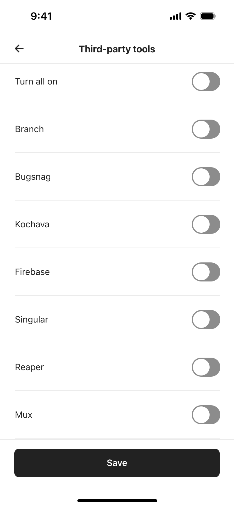 Performance tools list of toggles scrolled.
