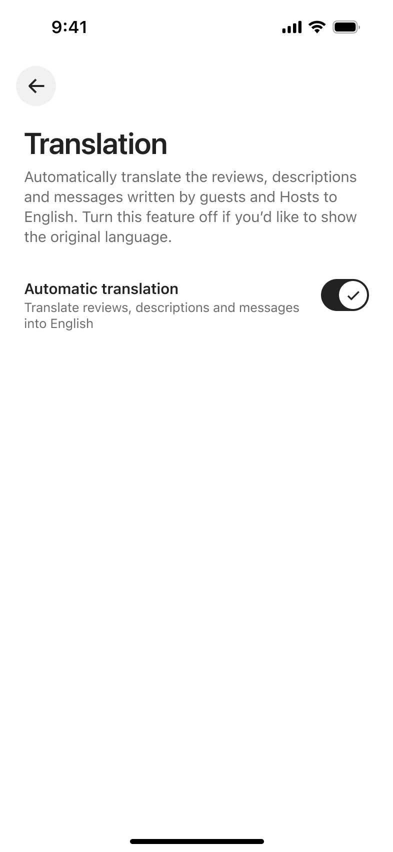Translation setting with automatic translation toggle on.