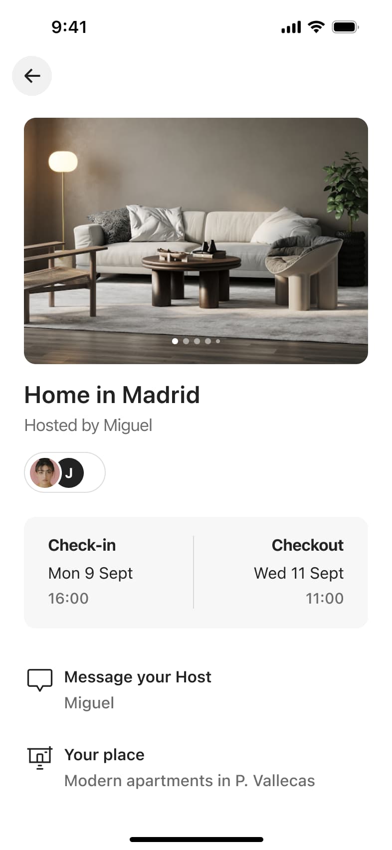 Trip details: listing photo, host, check-in and checkout times, message host and your place rows.
