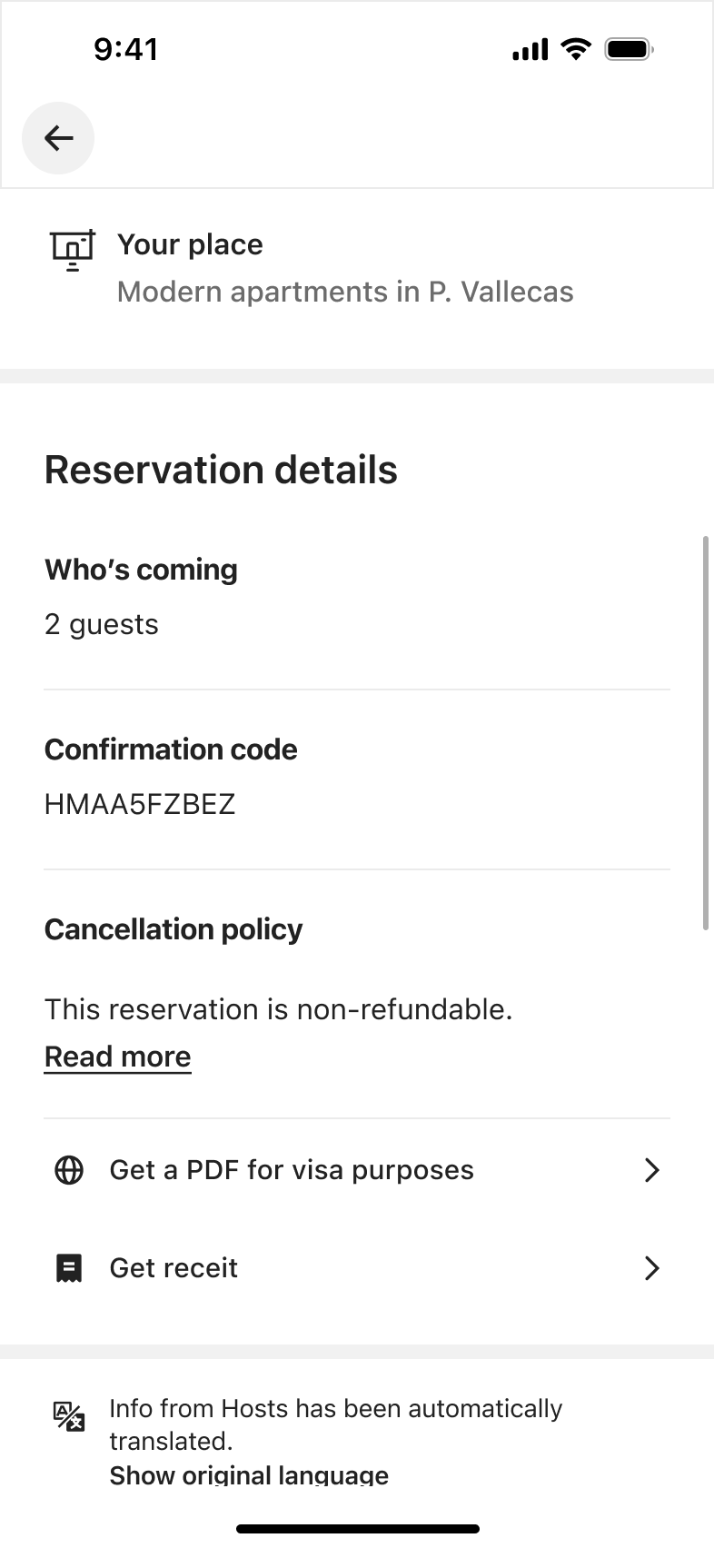 Reservation details: guests, confirmation code, cancellation policy, PDF and receipt links.