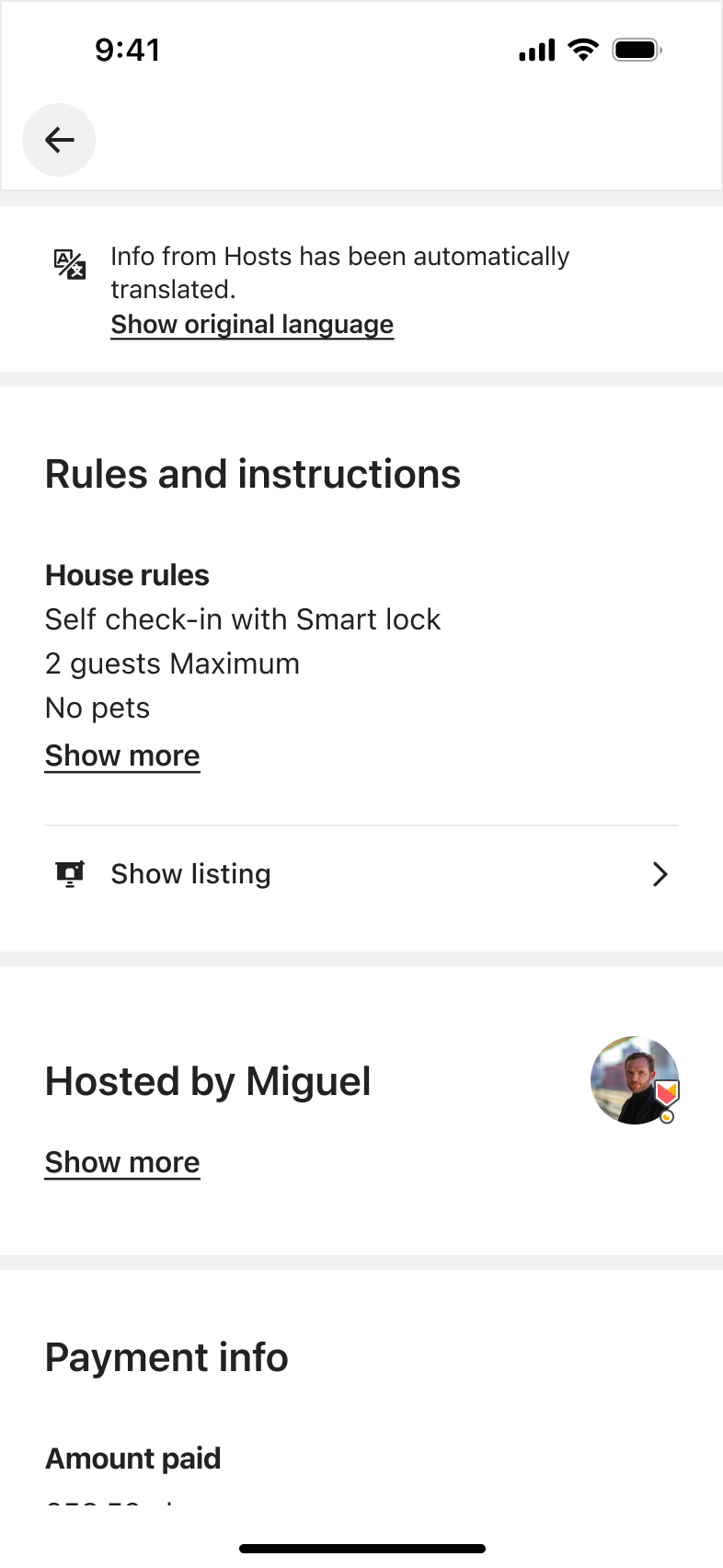 Trip details rules and instructions, host and payment info.
