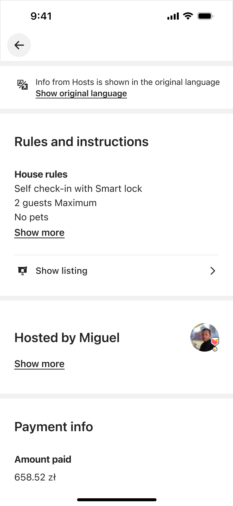 Trip details showing original language house rules, host and amount paid.