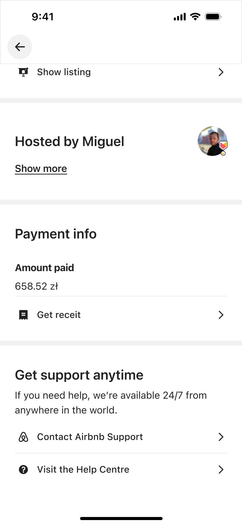 Trip details end: host, amount paid, receipt and get support anytime links.