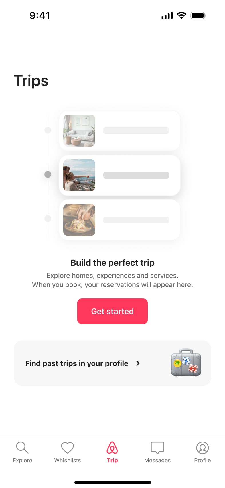 Trips empty state with a link card to find past trips in profile.