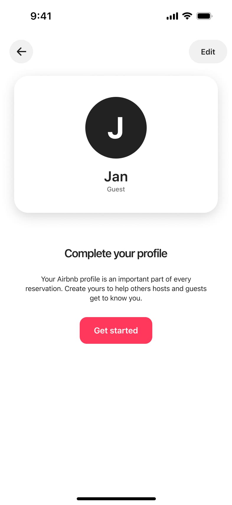 Own public profile not completed, with complete your profile prompt and get started button.