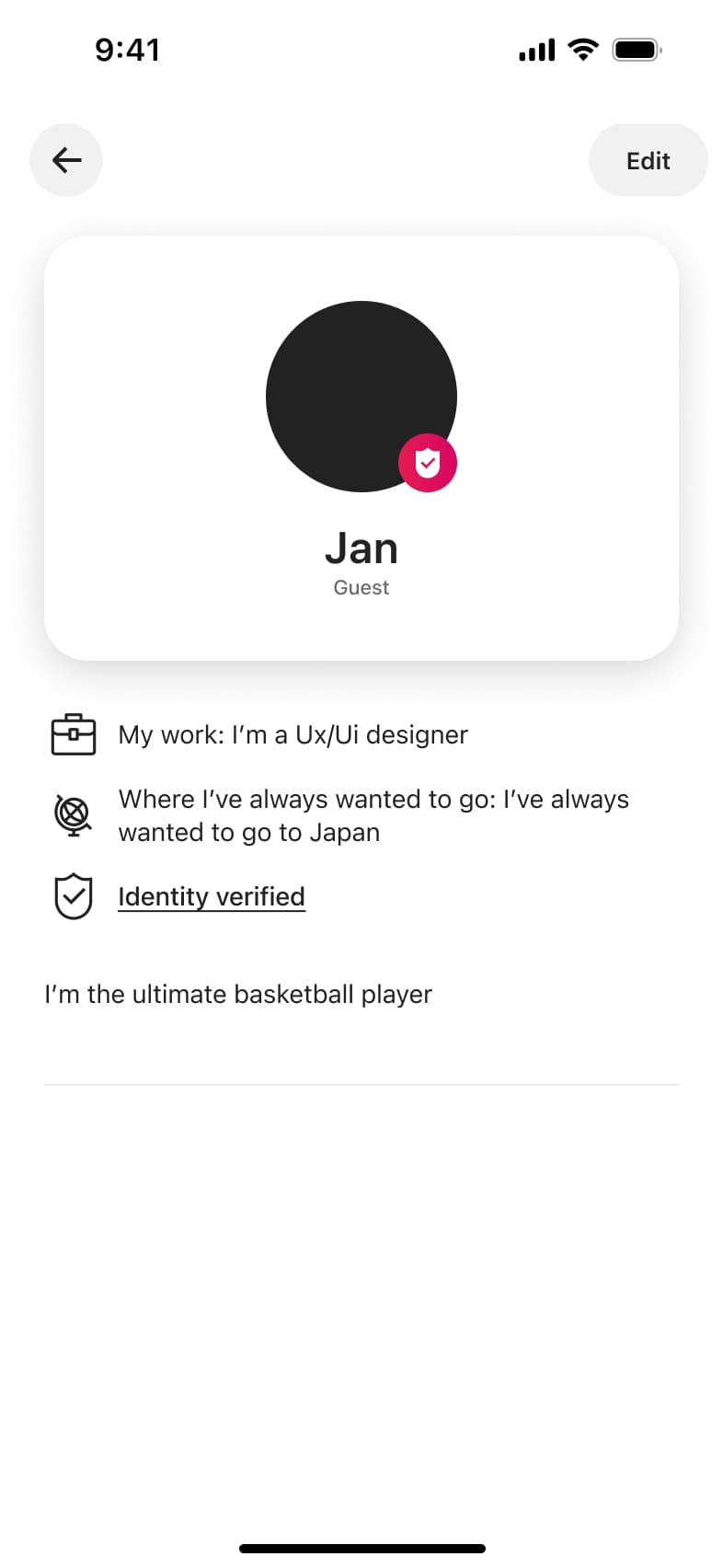 Own public profile with verified badge and personal facts.