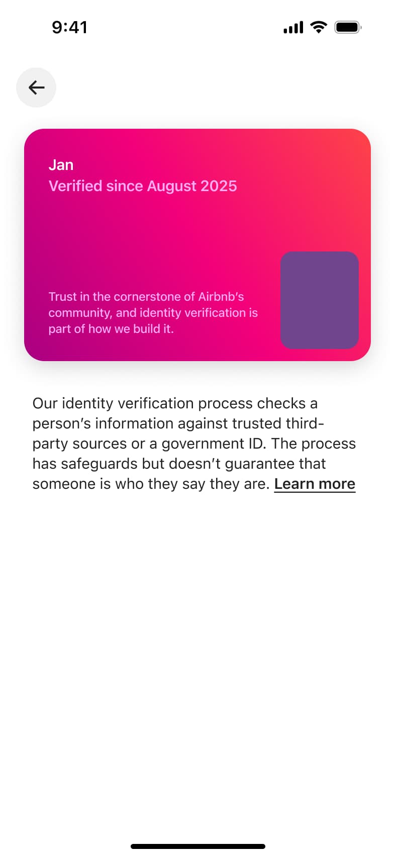 Identity verified explainer card describing the verification process.