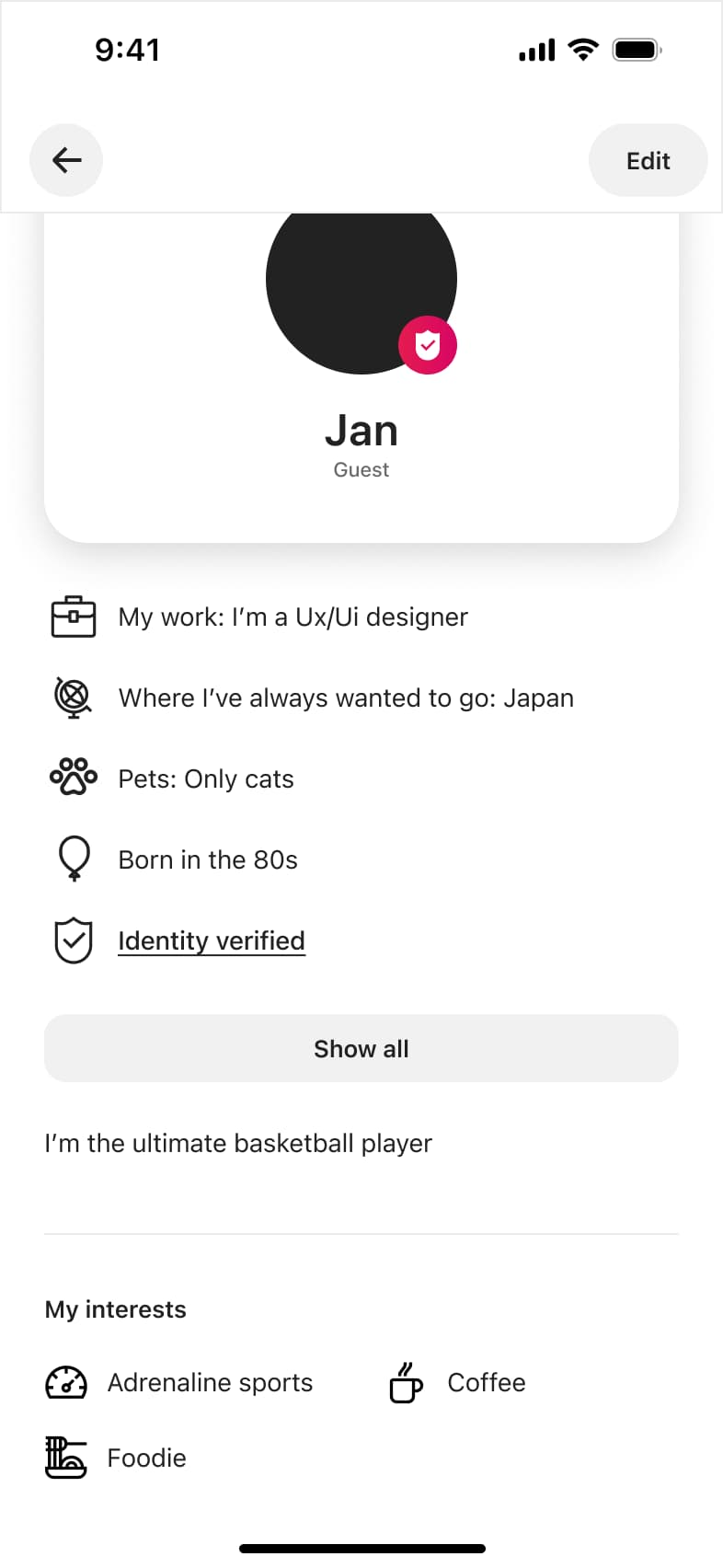 Own profile scrolled to facts, show all button and interests.