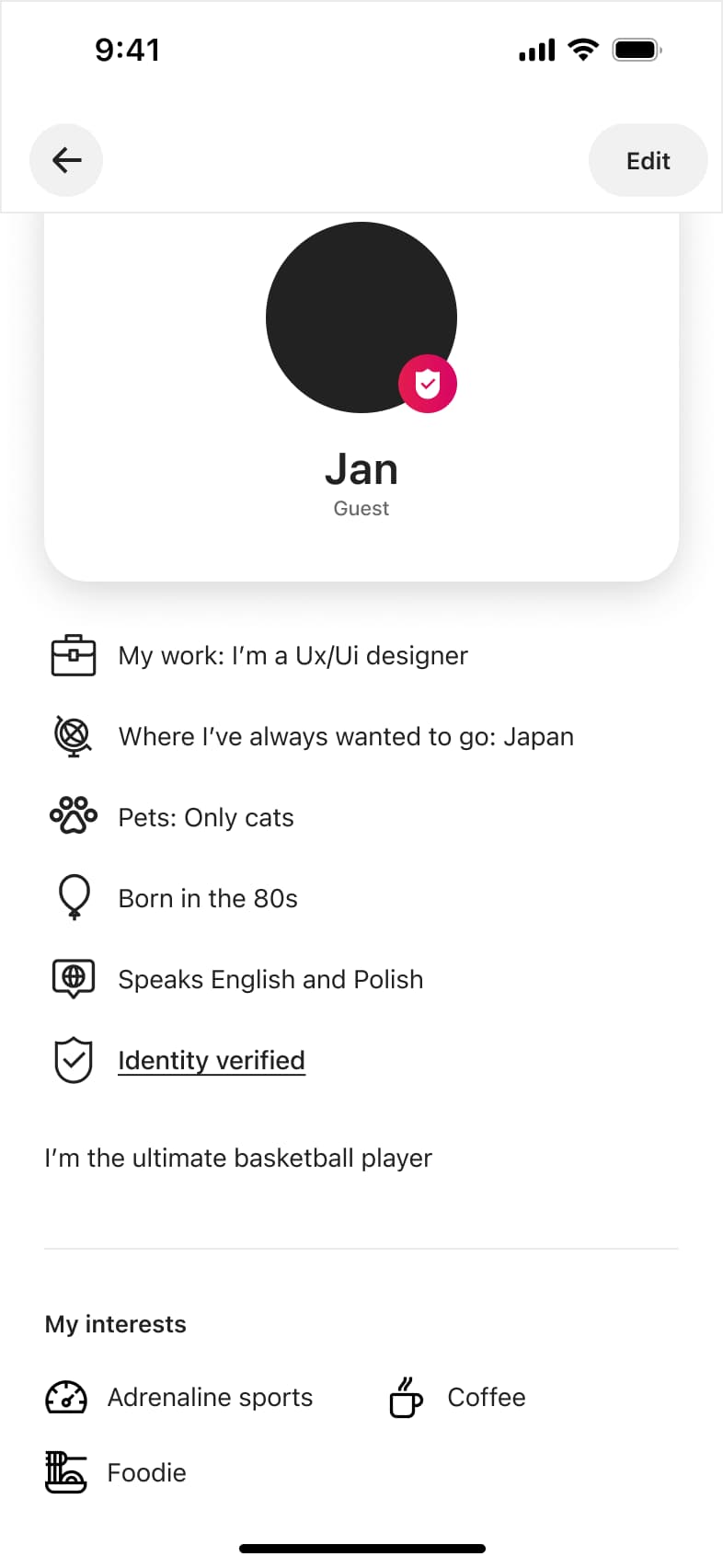 Own profile with expanded facts, languages and interests.