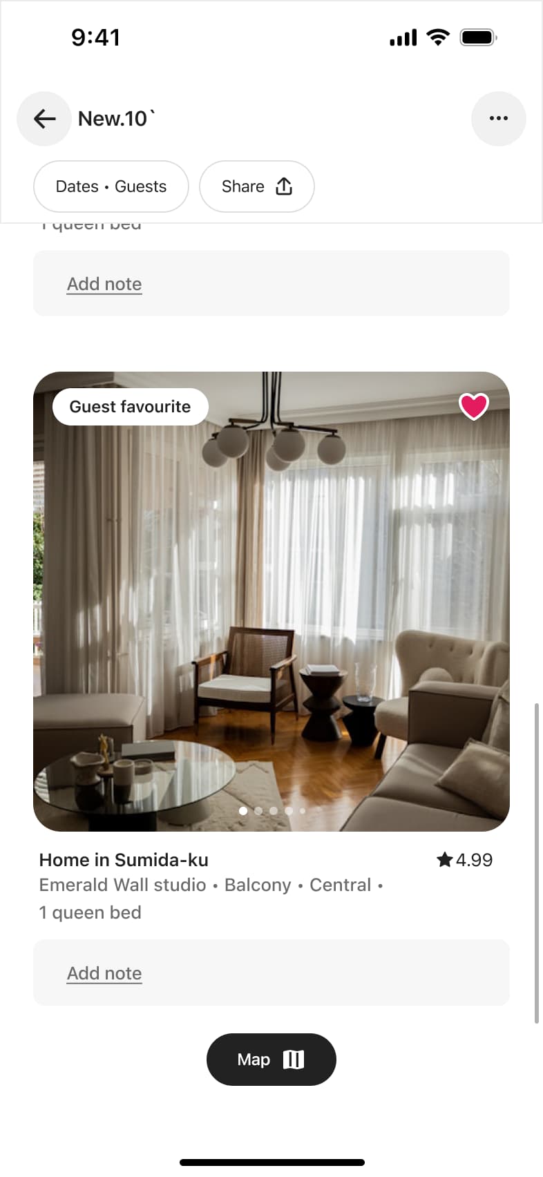 Wishlist detail scrolled with collapsed title and saved listings.