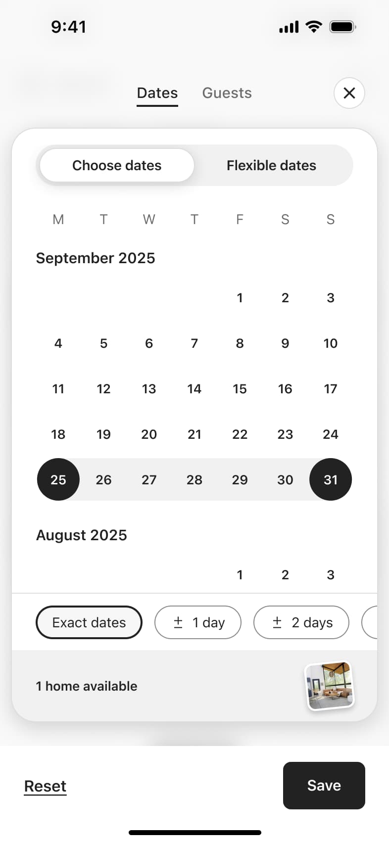 Wishlist dates sheet with a date range selected and matching homes count.
