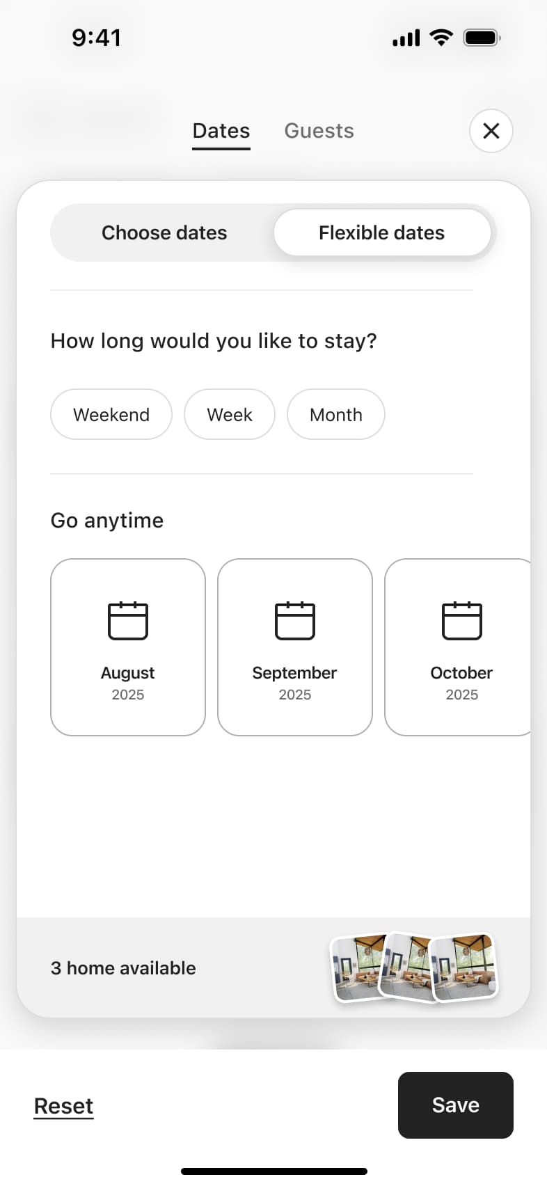 Wishlist flexible dates sheet with stay length and month choices.