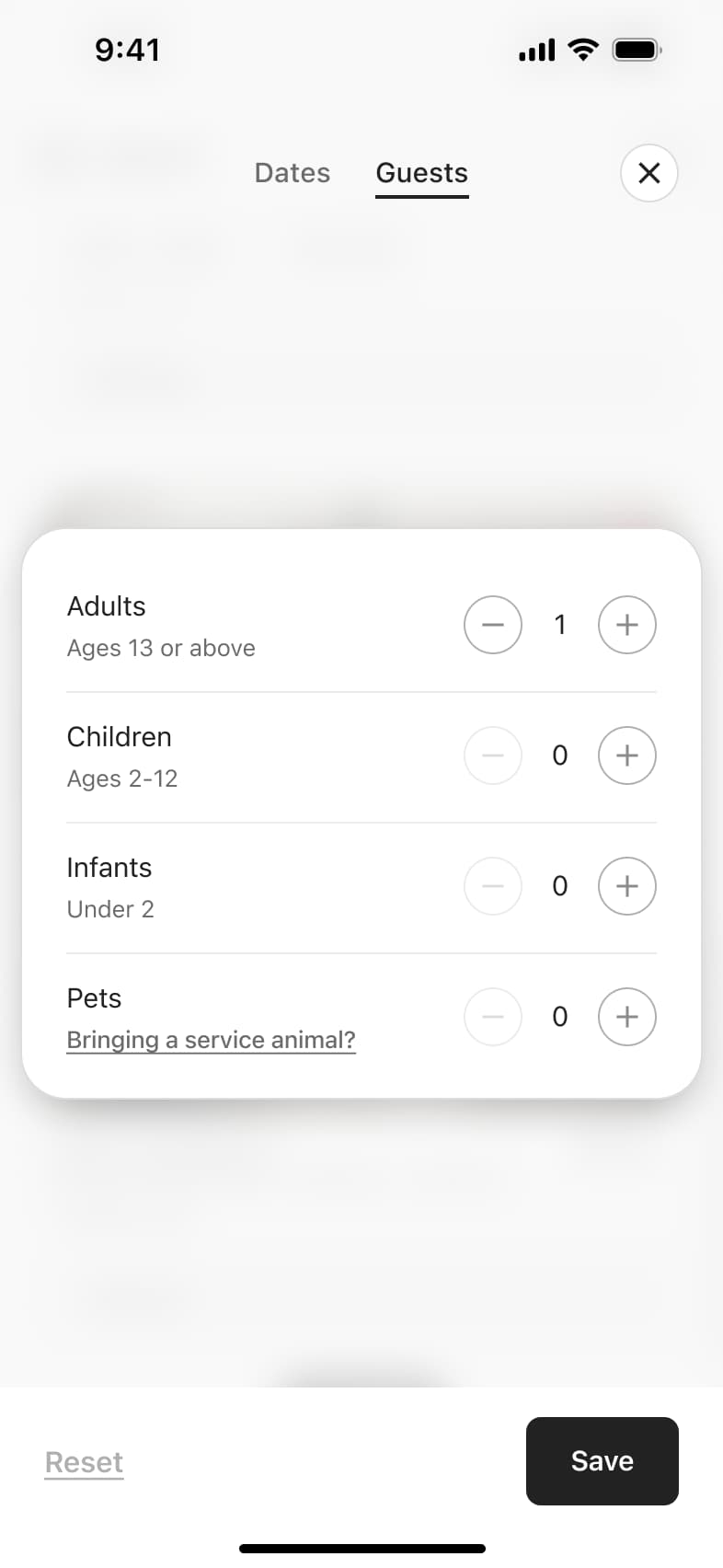 Wishlist guests sheet with adults, children, infants and pets counters.