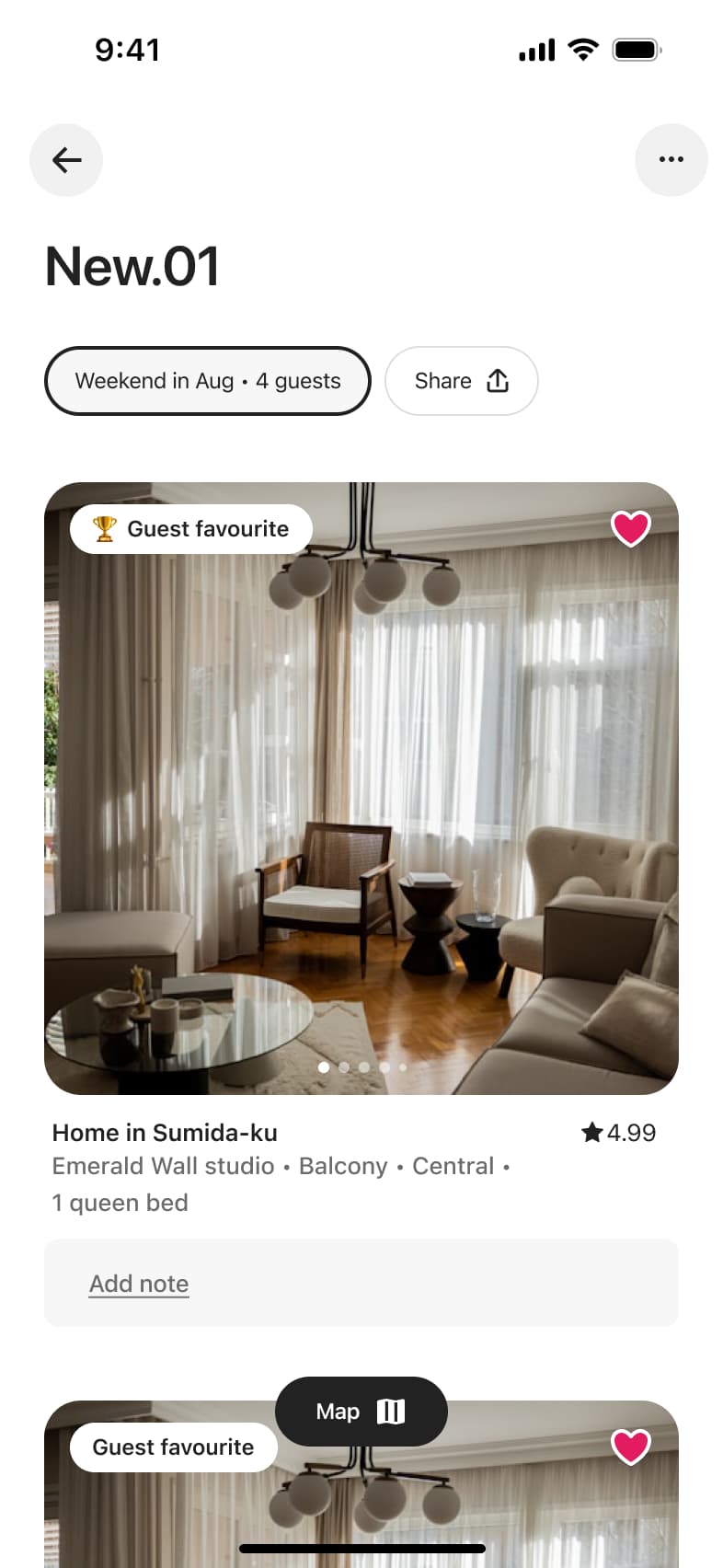 Wishlist detail with dates and guests chip, share button and listing card.