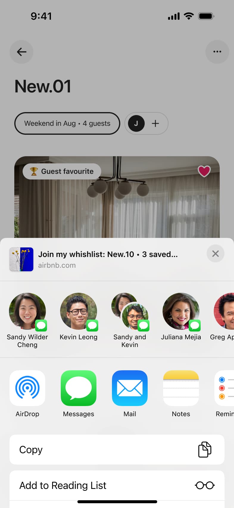 System share sheet for inviting people to a wishlist, with contacts, apps and copy actions.