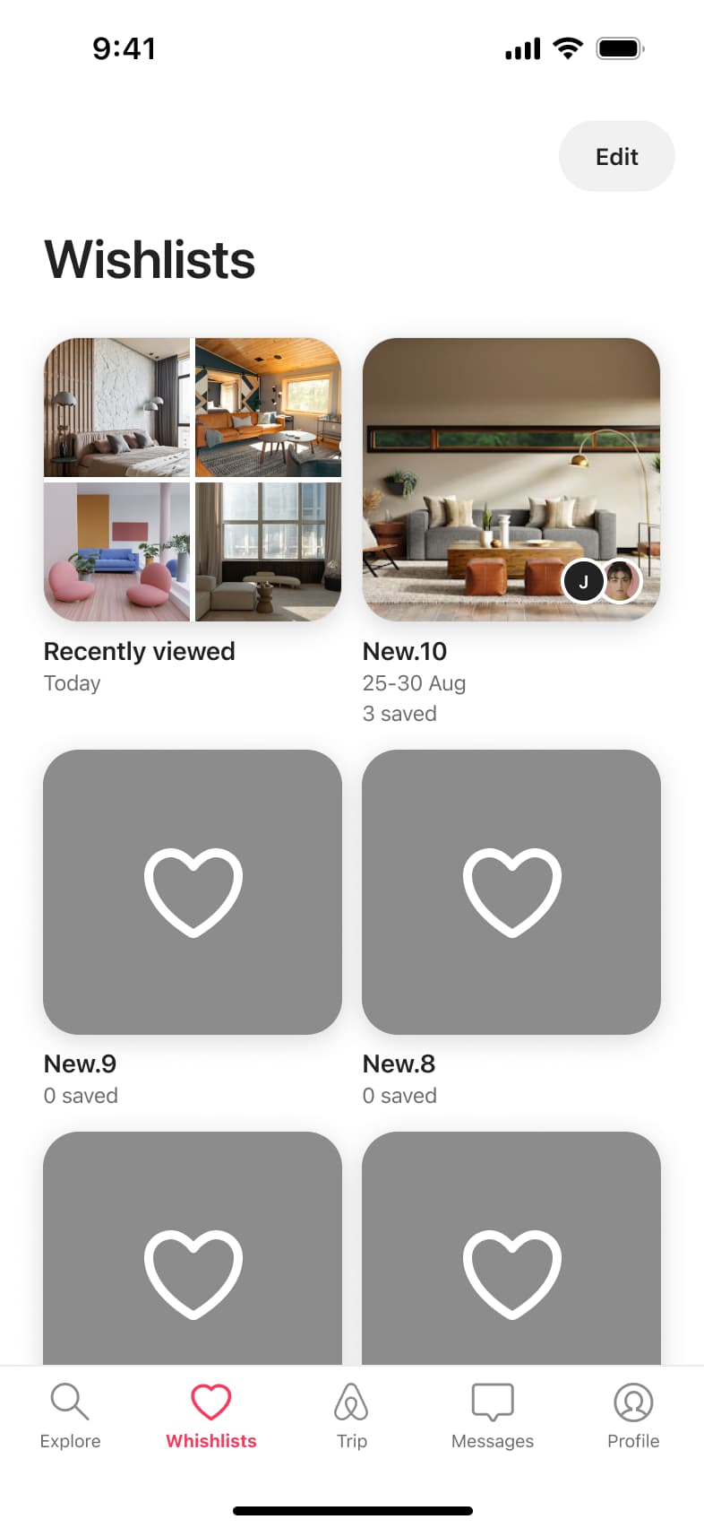 Wishlists grid with several empty wishlists shown as heart placeholders.