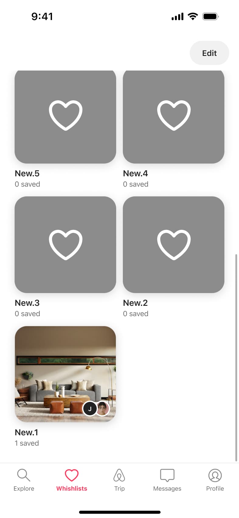 Wishlists grid scrolled to more empty and saved wishlists.