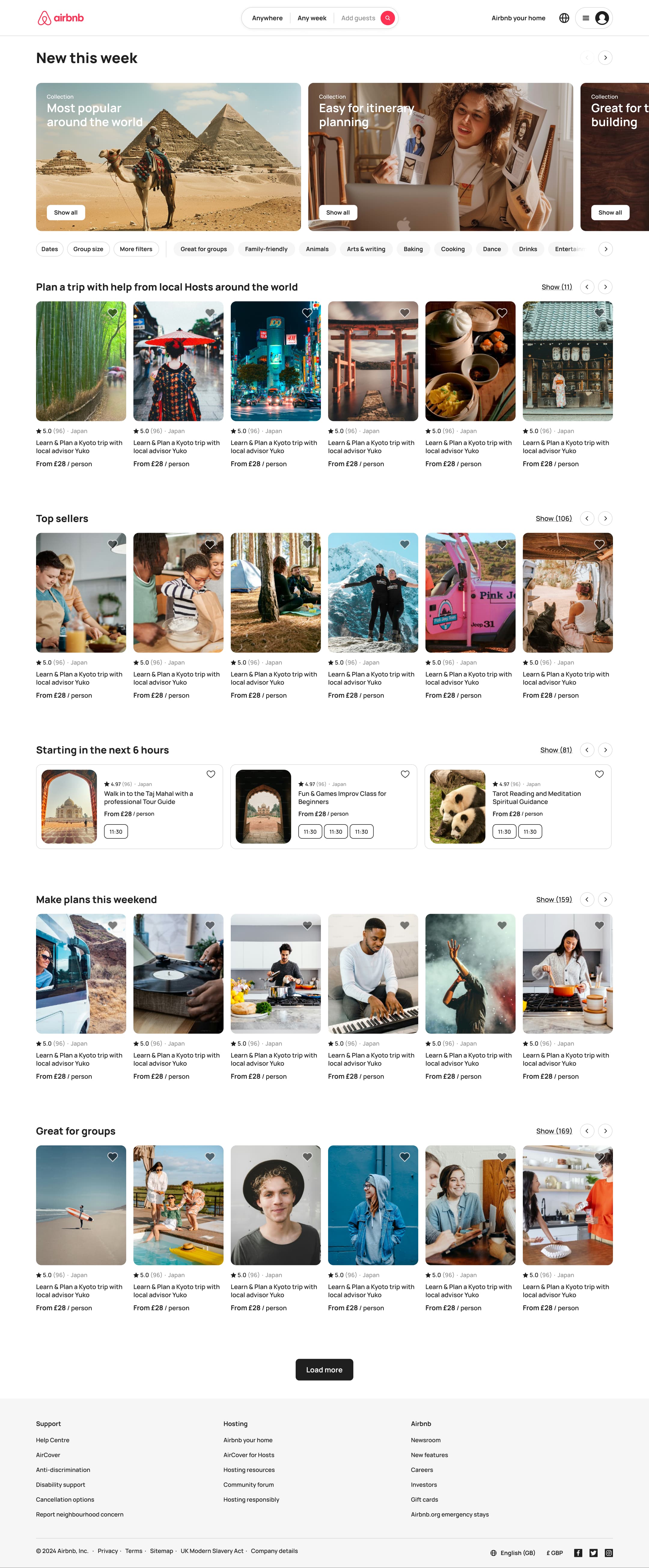 Desktop experiences: new this week, categories and rows of experience cards with footer.