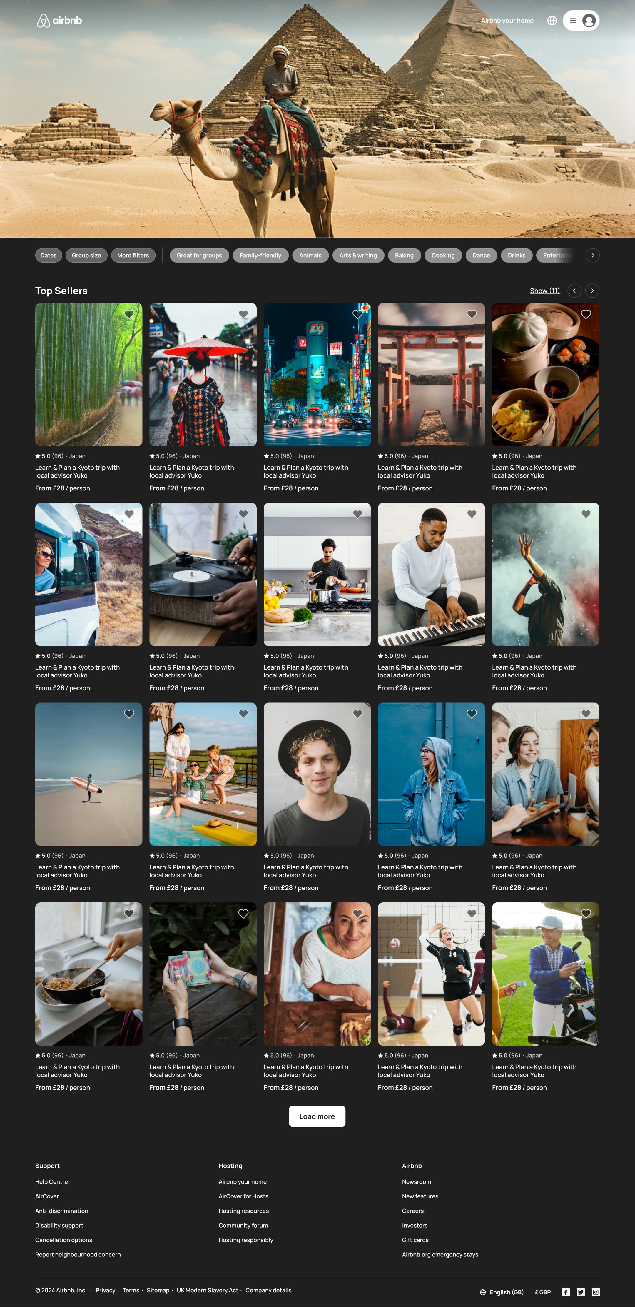 Dark mode: desktop experiences category page with hero image and top sellers grid.