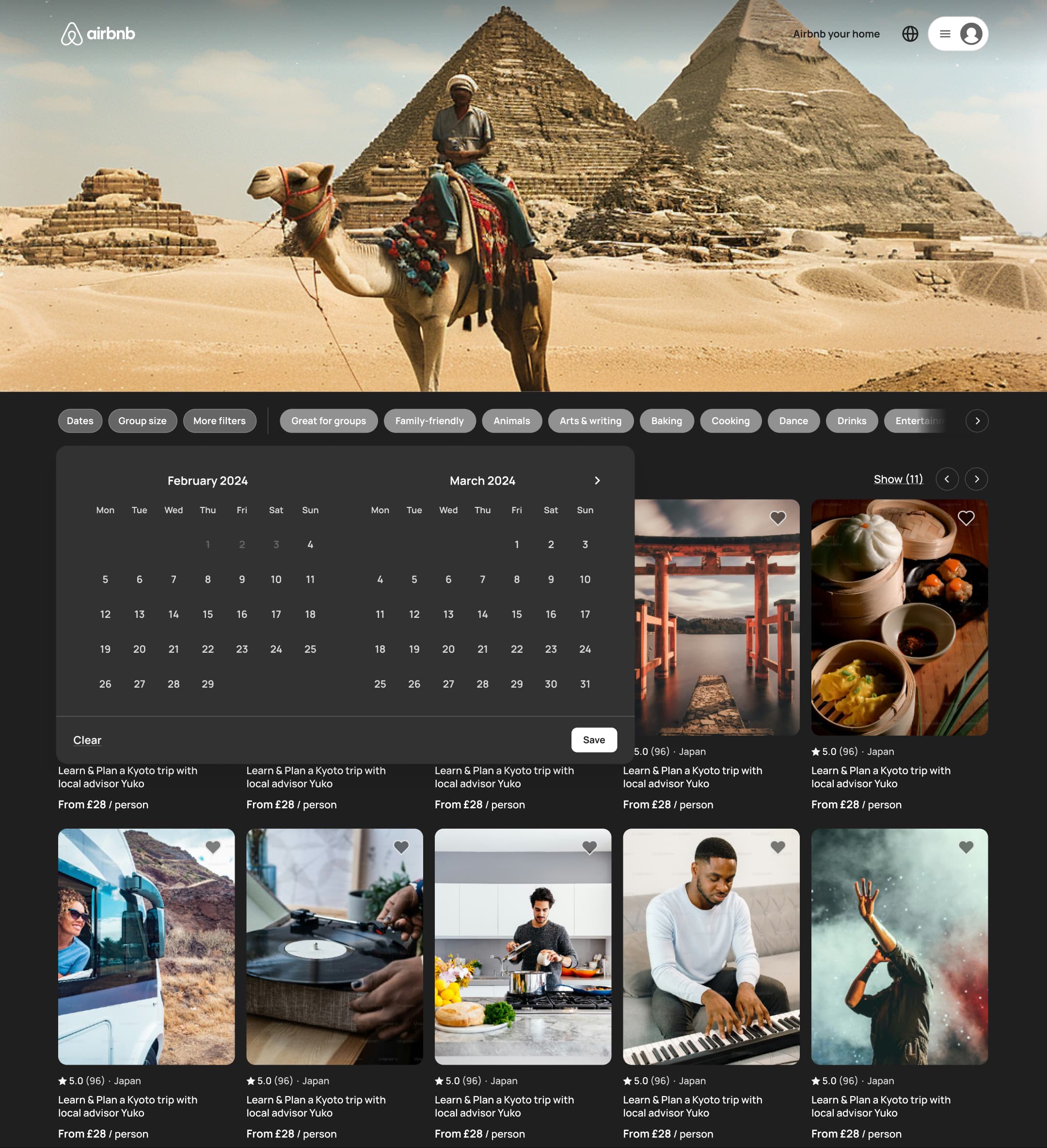 Dark mode: desktop experiences with dates filter calendar open.