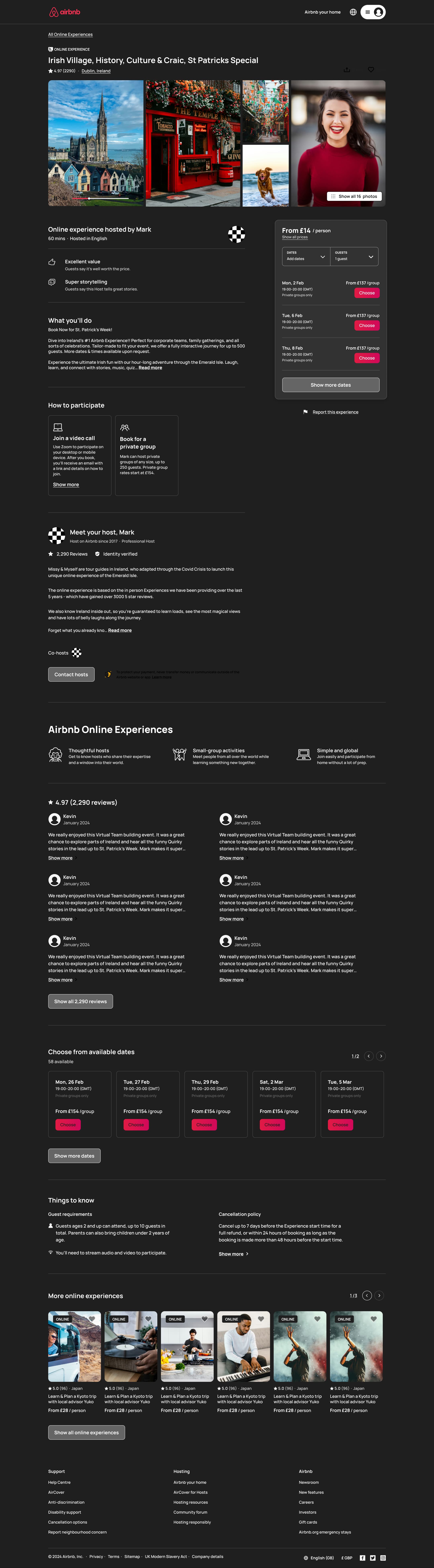 Dark mode: desktop online experience page overview: full-length capture with dates and reviews.