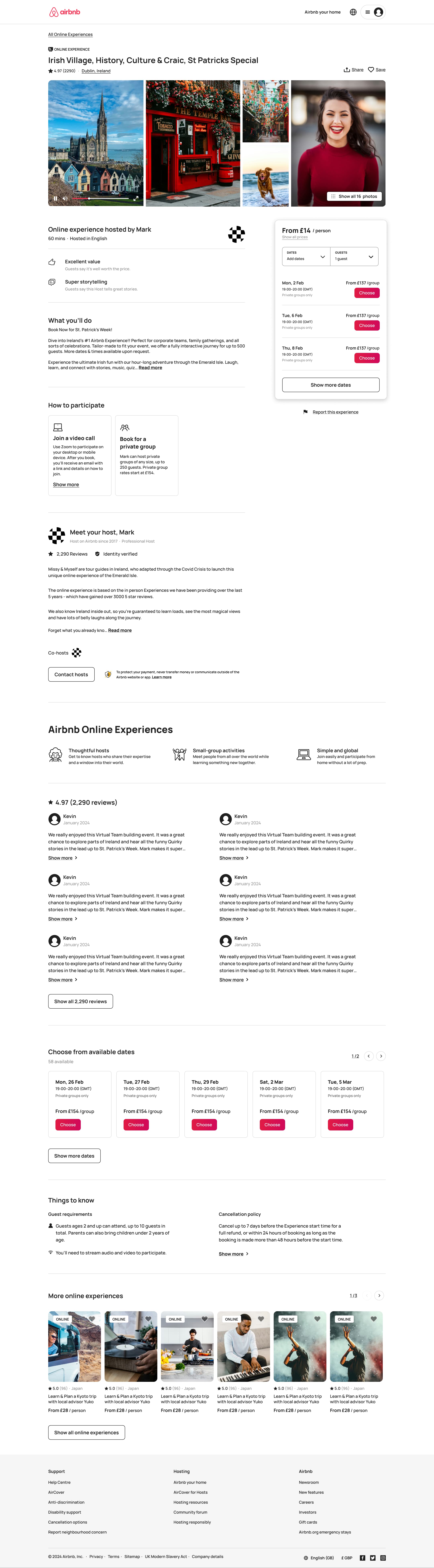 Desktop online experience page overview: full-length capture with dates and reviews.