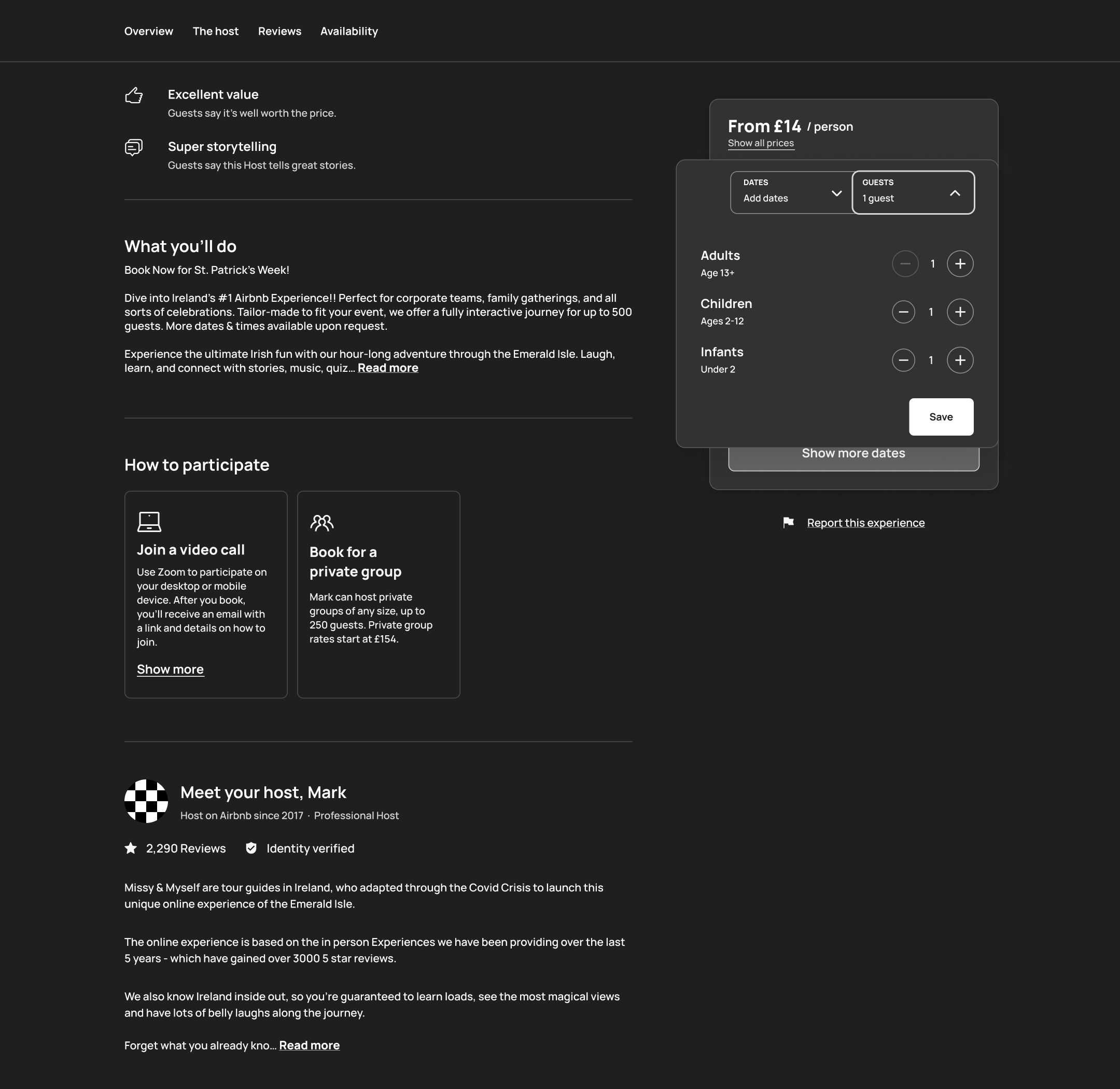 Dark mode: desktop experience: guests popover with adults, children and infants.