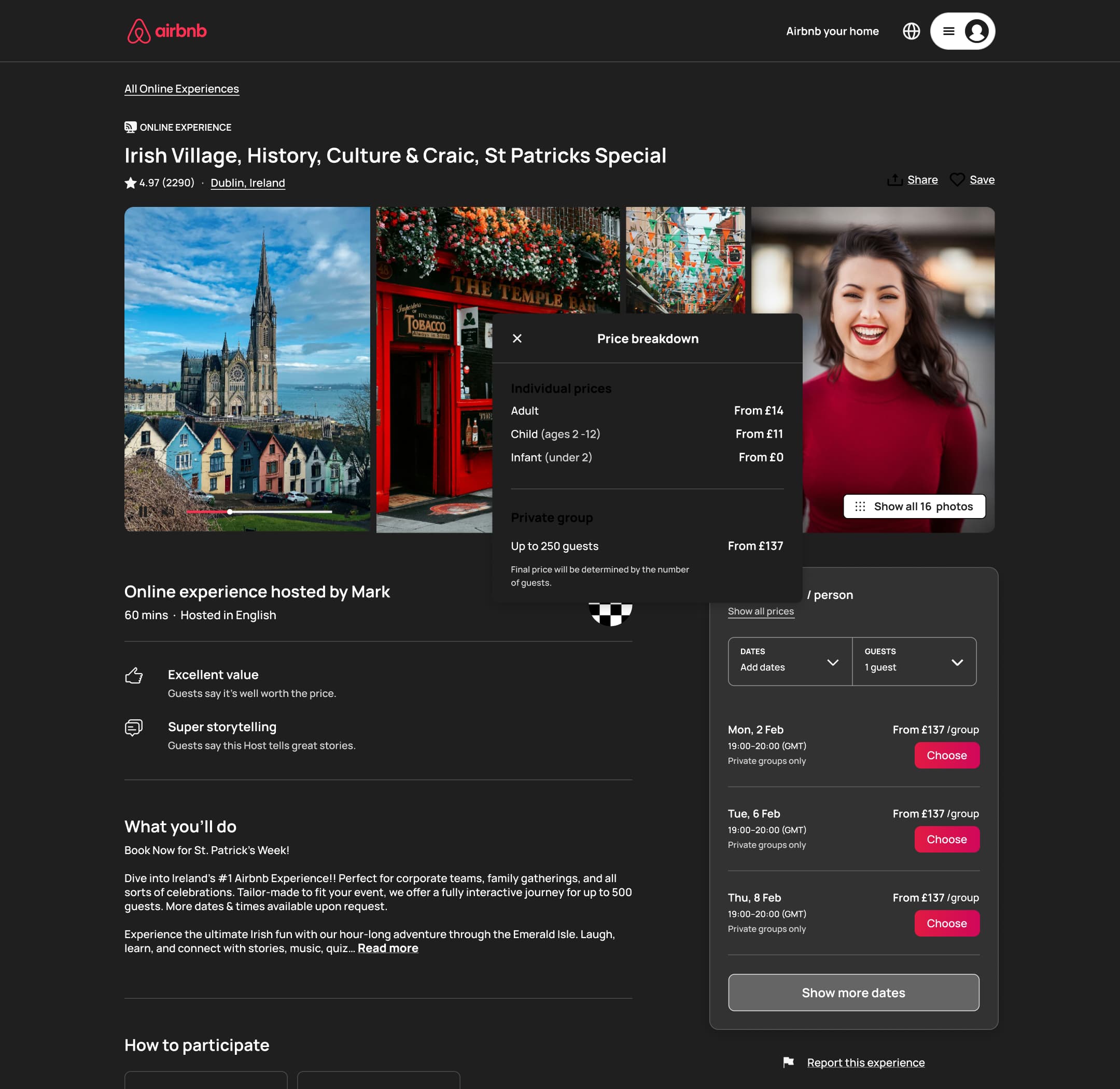Dark mode: desktop experience with price breakdown popover and date slots with choose buttons.