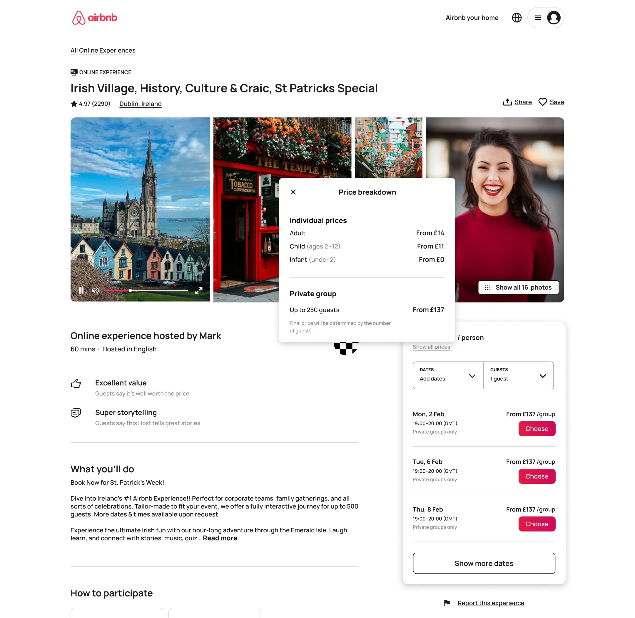 Desktop experience with price breakdown popover and date slots with choose buttons.