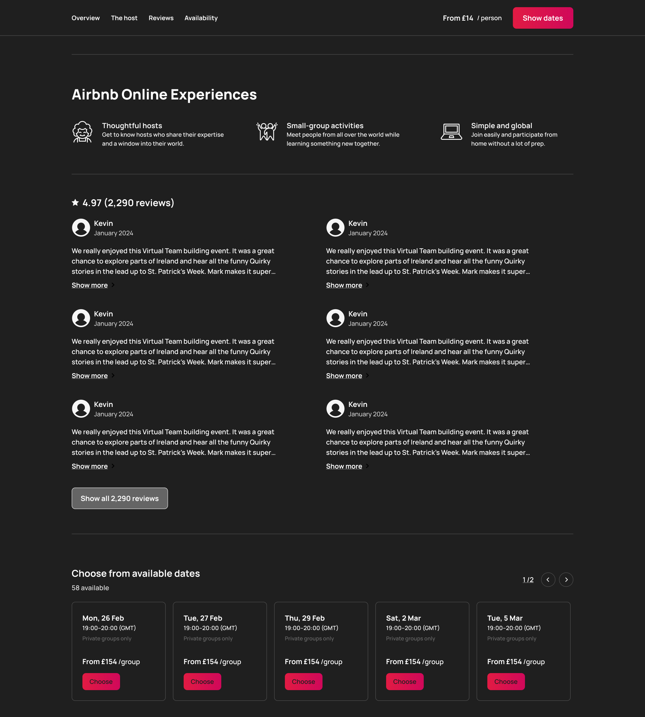 Dark mode: desktop experience: highlights, reviews and choose from available dates.