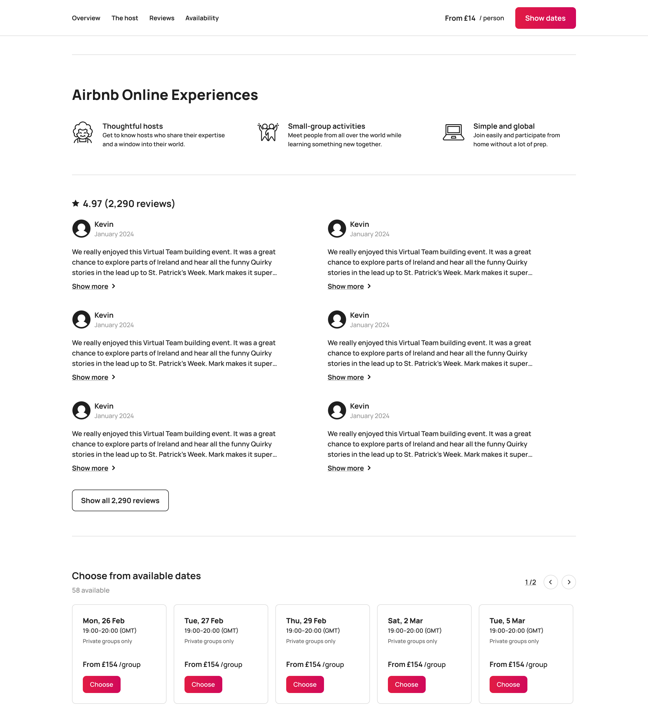 Desktop experience: highlights, reviews and choose from available dates.