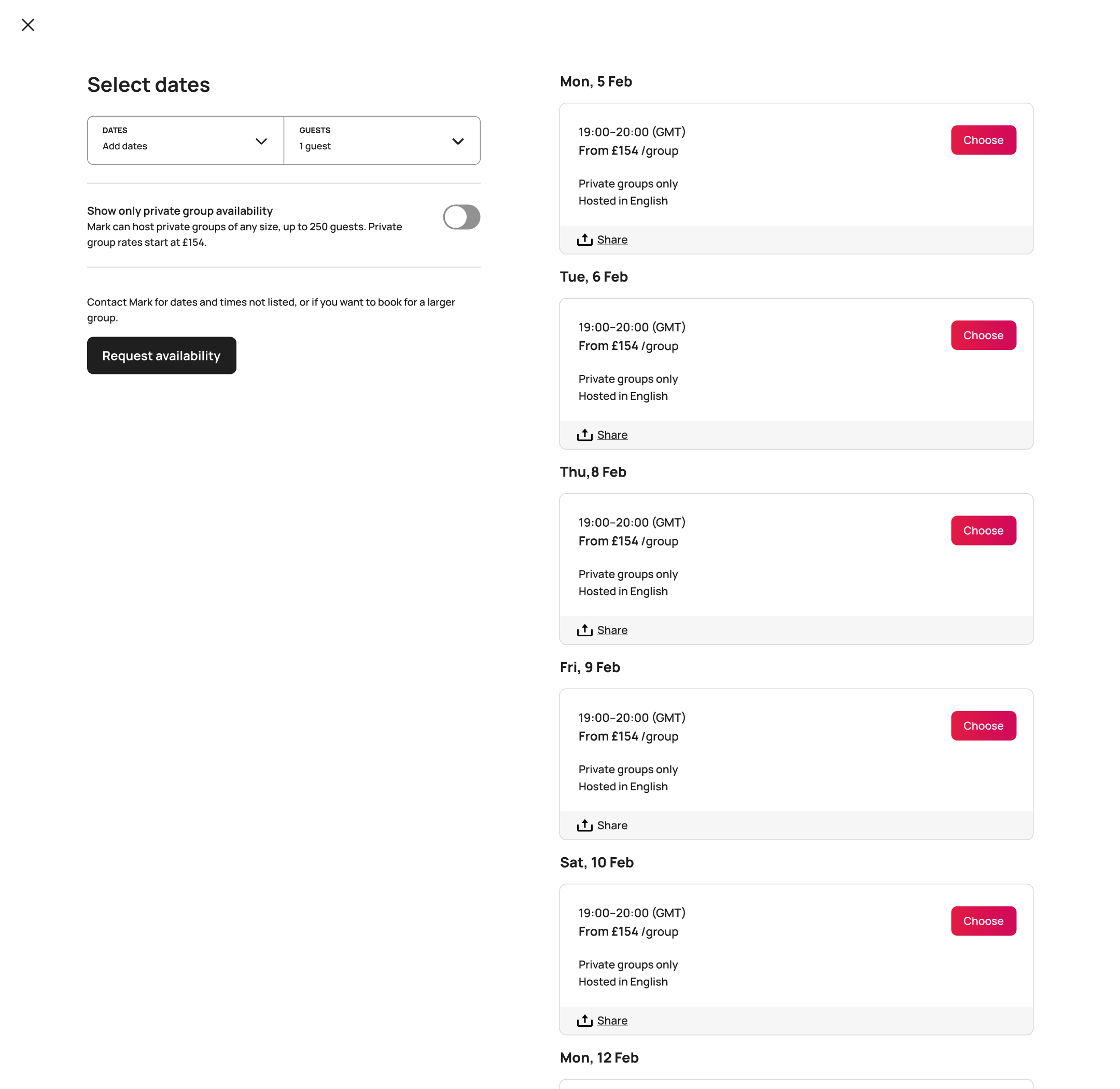 Desktop select dates modal for an experience with time slots and choose buttons.