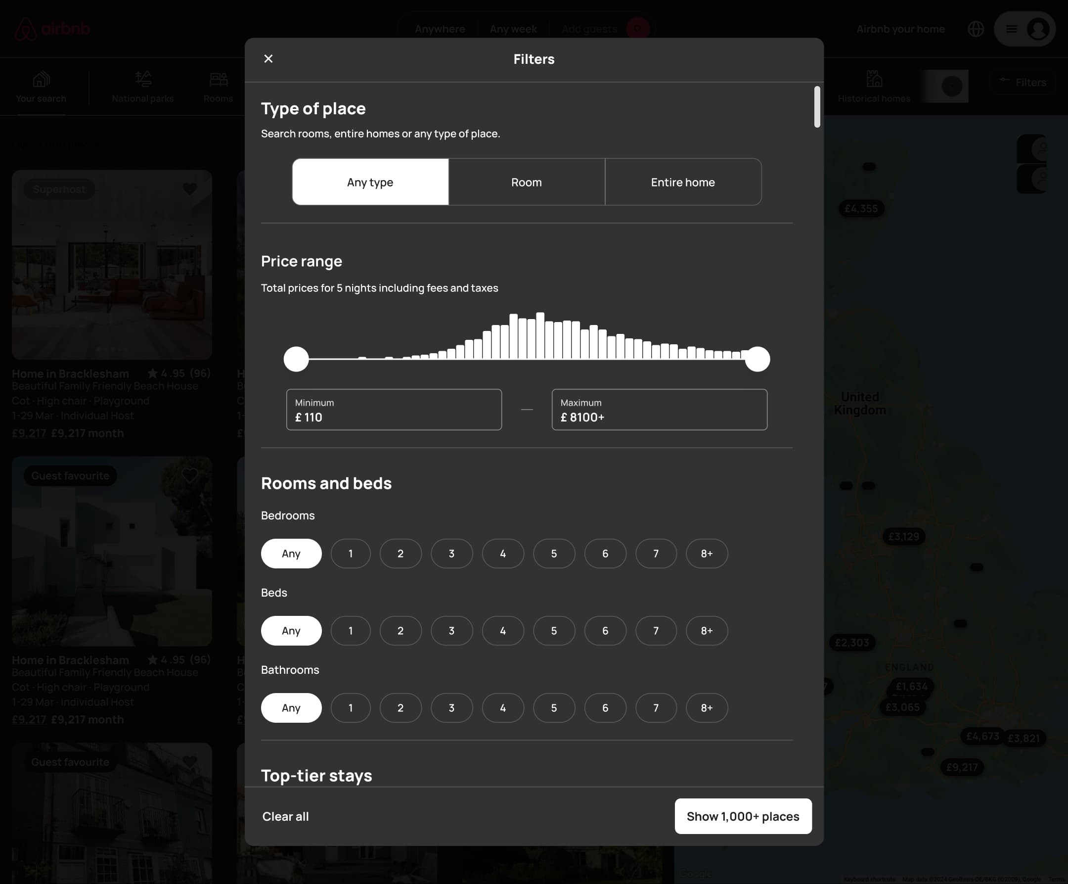 Dark mode: desktop filters modal: type of place, price histogram, rooms and beds.